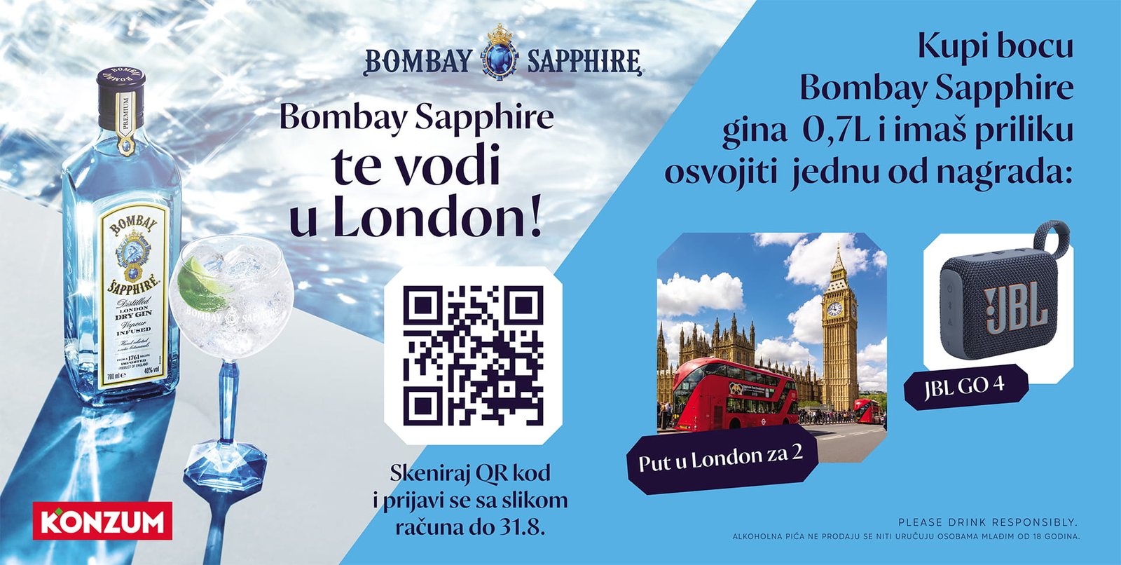 Bombay Sapphire te vodi u London — kupi bocu Bombay Sapphire u Konzumu i osvoji put u London ili JBL GO 4